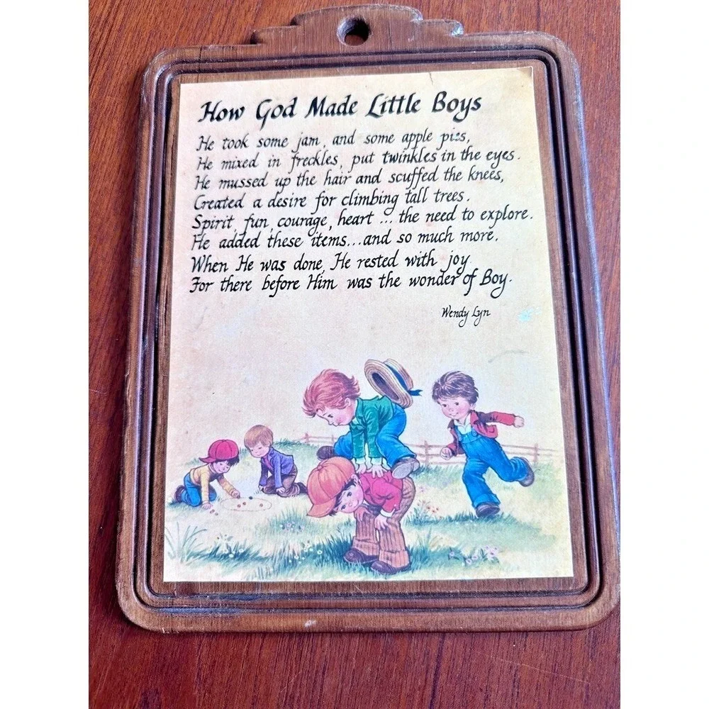 Wall Plaque Vintage Wendy Lyn How God Made Little Boys Wood Poem Art 11x8.5